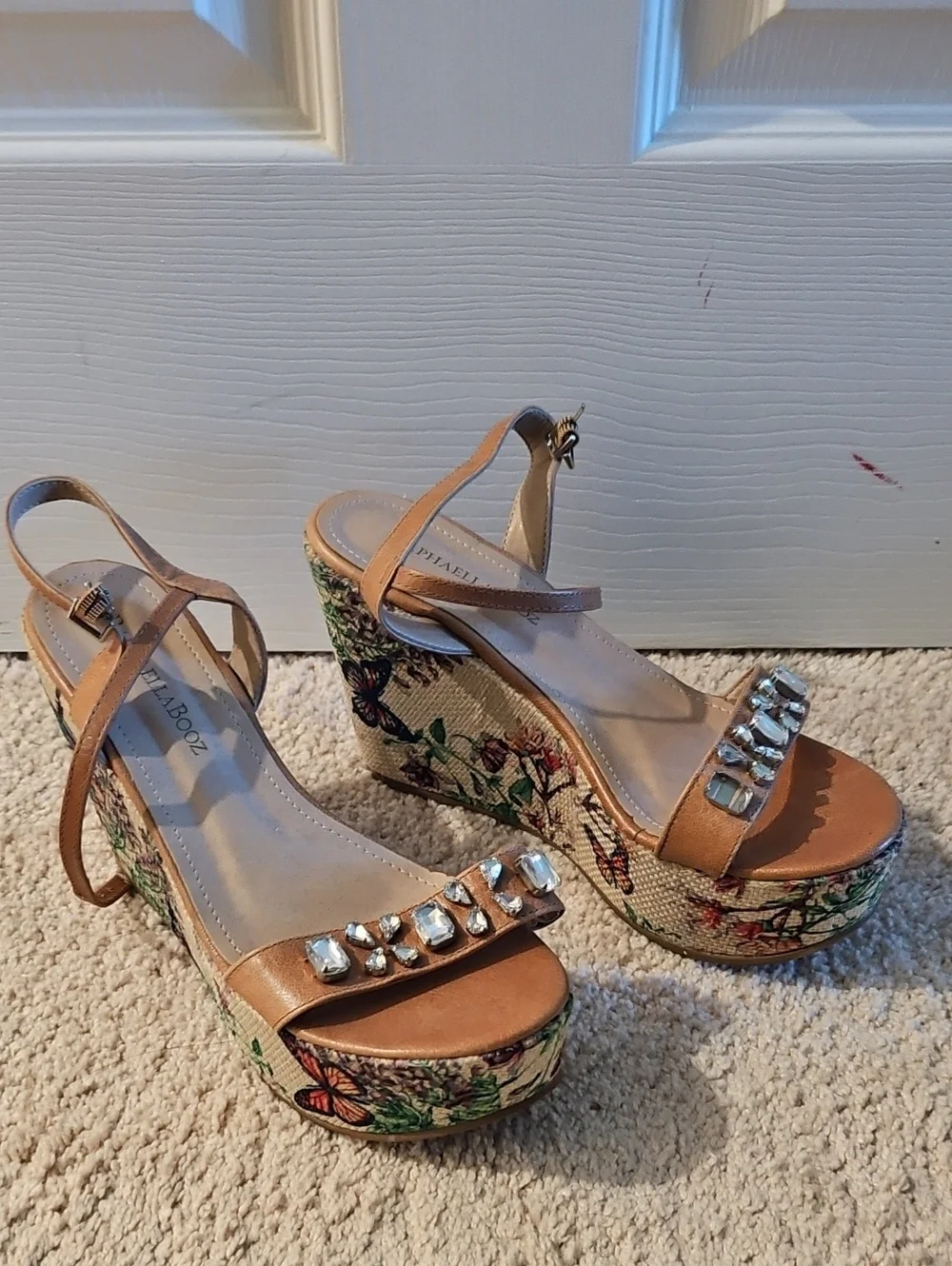 Anthropologie Raphaella Booz Tan Wedge Sandals with Embellishments